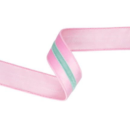 Soft wired pink velvet ribbon with mint stripe, laid flat for party decor & gift bows.