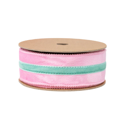 1.5" wired pink velvet ribbon with mint trim, on cardboard spool for gift wrapping & crafts