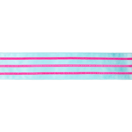 Flat view of 4" wired blue velvet ribbon with pink velvet stripe.