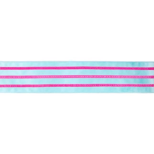Flat view of 4" wired blue velvet ribbon with pink velvet stripe.