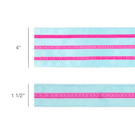 Size comparison: 4" vs 1.5" wired blue velvet ribbon with pink trim.