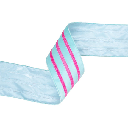 Wired blue velvet ribbon with pink stripe, laid flat for bows & gift packaging.