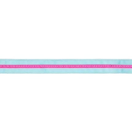 Flat view of 1.5" wired blue velvet ribbon with pink velvet stripe.