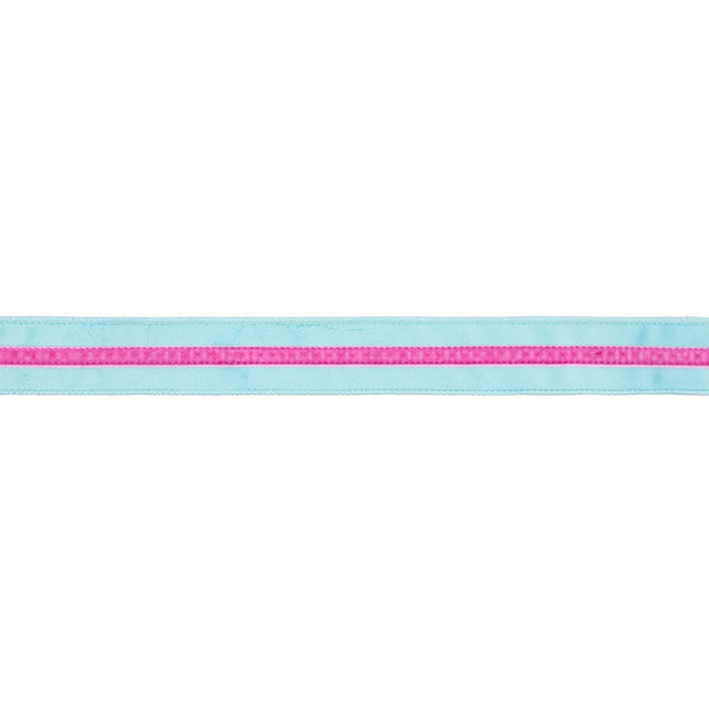 Flat view of 1.5" wired blue velvet ribbon with pink velvet stripe.