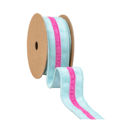 Aqua & pink velvet ribbon roll, ideal for spring gift wrapping & crafts.