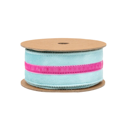 1.5" wired blue velvet ribbon with pink trim, on cardboard spool.