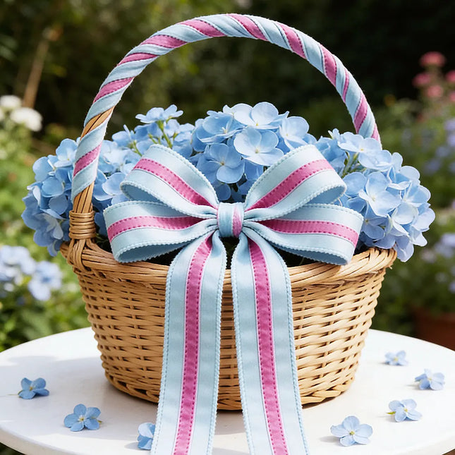 1 1/2" Wired Velvet Ribbon w/ Trim | Blue w/ Pink Trim | 10 Yard Roll