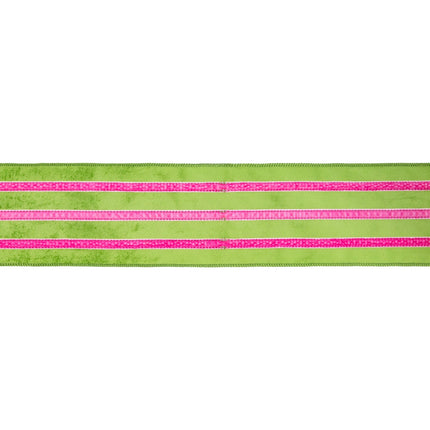 Flat view of 4" wired green velvet ribbon with Pink velvet stripe.