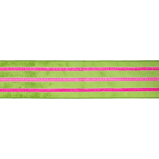 Flat view of 4" wired green velvet ribbon with Pink velvet stripe.