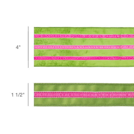 Size comparison of green and hot pink stripe wired velvet ribbon, displaying 4" and 1 1/2" widths for bold crafting and decor projects.