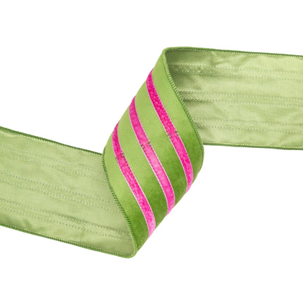 Wired green velvet ribbon with Pink stripe, laid flat for bows & gift packaging.