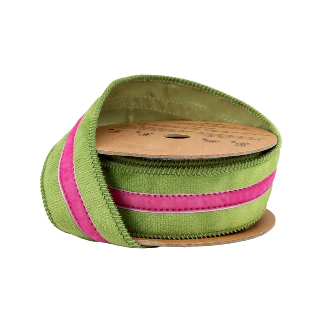 1 1/2" Wired Velvet Ribbon in green with hot pink stripe, ideal for bold party decor.