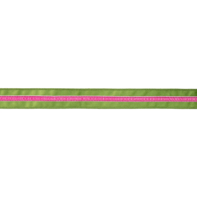 Green and hot pink 1 1/2" wired velvet ribbon, perfect for gift wrapping and holiday accents.