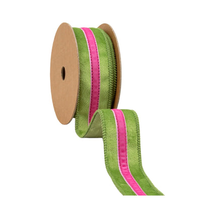 1 1/2" Wired Velvet Ribbon featuring a green base and hot pink stripe, great for DIY hair bows.