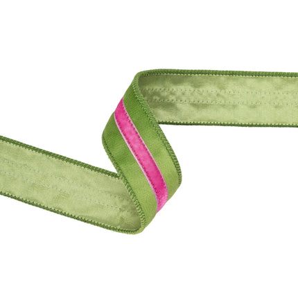 Green with hot pink stripe 1 1/2" wired velvet ribbon, suitable for tropical-themed styling.