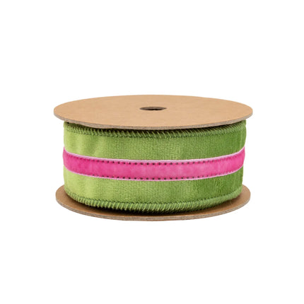 1 1/2" Wired Velvet Ribbon in green and hot pink, for crafting eye-catching wreaths and centerpieces.
