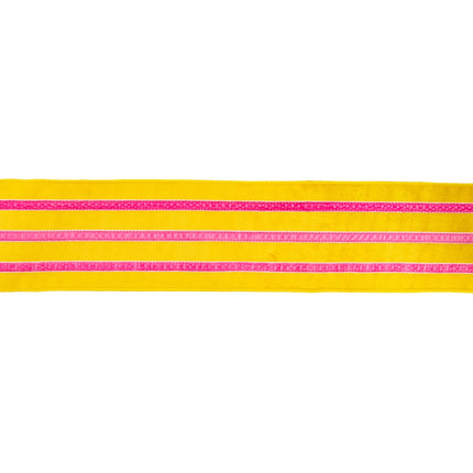 Flat view of 4" wired yellow velvet ribbon with pink velvet stripe.