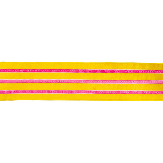 Flat view of 4" wired yellow velvet ribbon with pink velvet stripe.