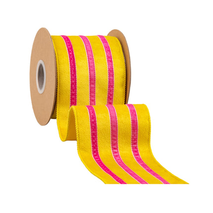 4" wired yellow velvet ribbon with pink trim, unspooled for party decor & crafts.