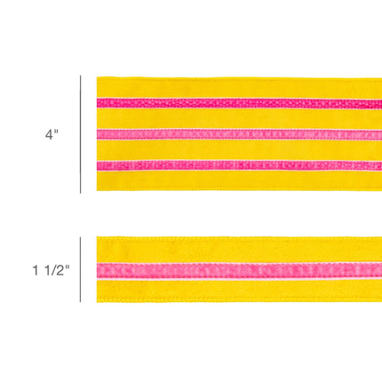 Size comparison: 4" vs 1.5" wired yellow velvet ribbon with pink trim