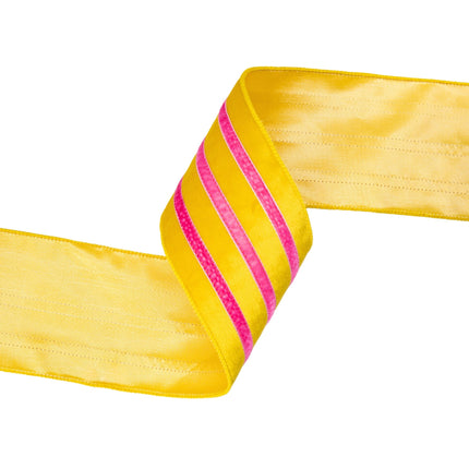 Wired yellow velvet ribbon with pink stripe, laid flat for bows & gift packaging.