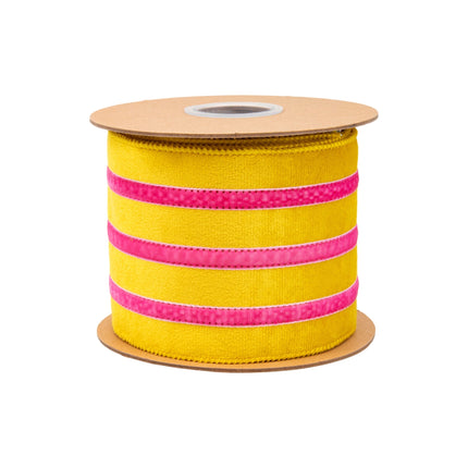 4" wired yellow velvet ribbon with pink trim, on cardboard spool.