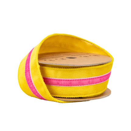 1.5" wired yellow velvet ribbon with pink trim, partially unspooled for gift wrapping.