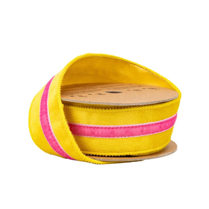 1 1/2" Wired Velvet Ribbon, Bright Yellow with Hot Pink Center Stripe,perfect for gift wrapping.