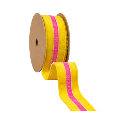 Bold Yellow & Hot Pink 1 1/2" wired velvet ribbon, ideal for children’s party accents.
