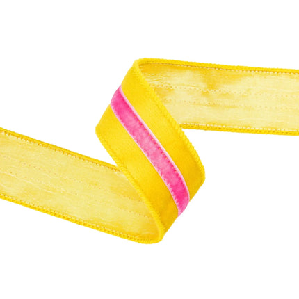 Versatile 1 1/2" Wired Velvet Ribbon, Yellow with Pink Stripe, designed for DIY Easter crafts, floral arrangements