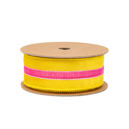 1.5" wired yellow velvet ribbon with pink trim, on cardboard spool.