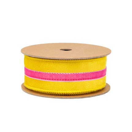 Durable 1 1/2" Wired Velvet Ribbon, Yellow with Hot Pink Stripe, perfect for gift packaging.