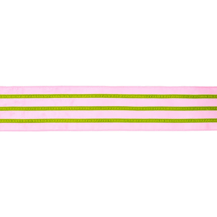 Flat view of 4" wired pink velvet ribbon with green velvet stripe.