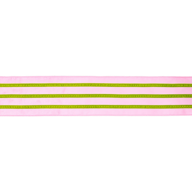 Flat view of 4" wired pink velvet ribbon with green velvet stripe.