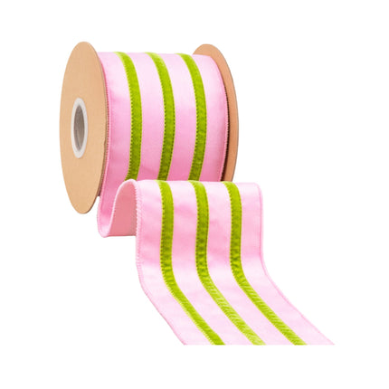 4" wired pink velvet ribbon with green trim, unspooled for party decor & crafts.