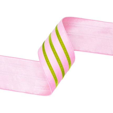 Wired pink velvet ribbon with green stripe, laid flat for bows & gift packaging.