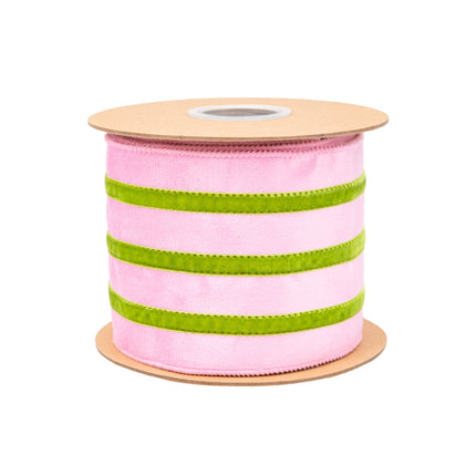 4" wired pink velvet ribbon with green trim, on cardboard spool.