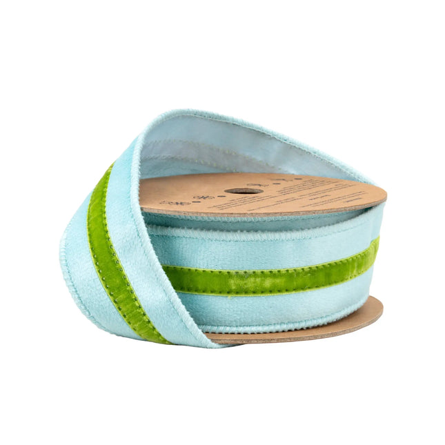 1 1/2" Wired Velvet Ribbon w/ Trim | Blue w/ Green Trim | 10 Yard Roll - LaRibbons and Crafts