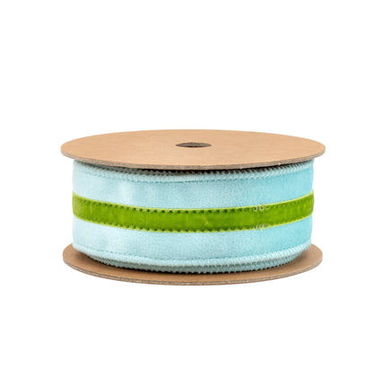 1 1/2" Wired Velvet Ribbon w/ Trim | Blue w/ Green Trim | 10 Yard Roll - LaRibbons and Crafts