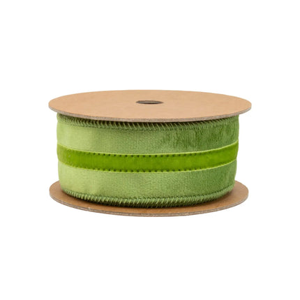 Durable 1 1/2" Wired Velvet Ribbon, Sage with Lime Stripe, perfect for floral detailing, packaging