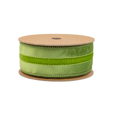 Durable 1 1/2" Wired Velvet Ribbon, Sage with Lime Stripe, perfect for floral detailing, packaging