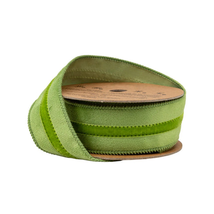 1 1/2" Wired Velvet Ribbon, Soft Sage Green with Bright Lime Velvet Stripe,perfect for gift wrapping.