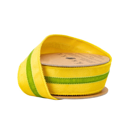 1 1/2" Wired Velvet Ribbon w/ Trim | Yellow w/ Green Trim | 10 Yard Roll LaRibbons and Crafts
