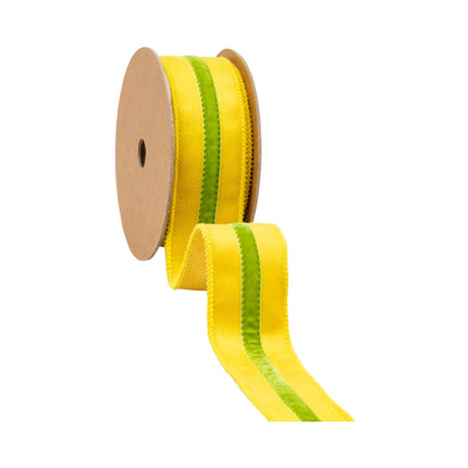 1 1/2" Wired Velvet Ribbon w/ Trim | Yellow w/ Green Trim | 10 Yard Roll LaRibbons and Crafts