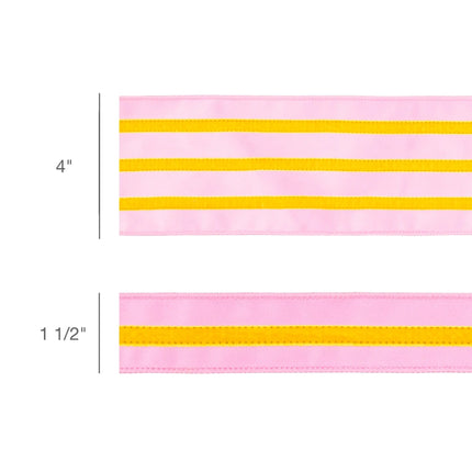 Size comparison of pink with yellow stripe wired velvet ribbon, displaying 4" and 1 1/2" widths for cheerful crafting 
