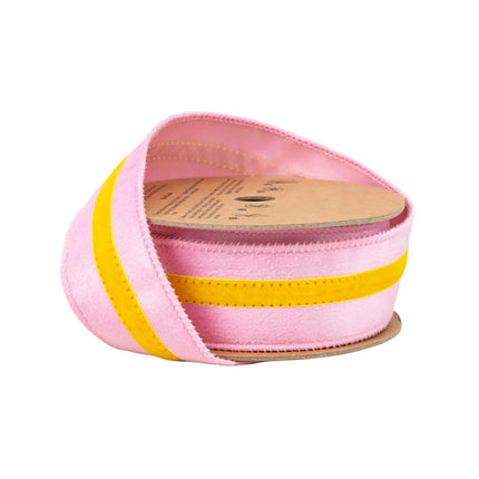 1 1/2" Wired Velvet Ribbon in pink with yellow trim, ideal for baby shower accents.
