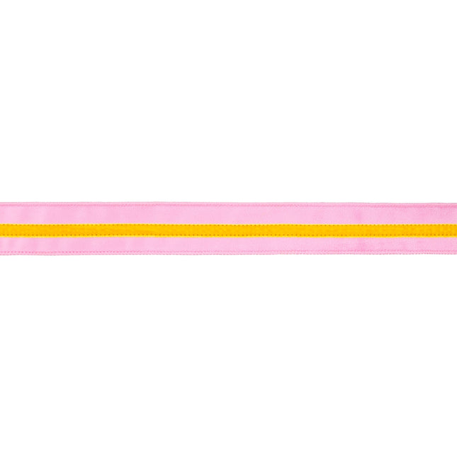 1 1/2" Wired Velvet Ribbon w/ Trim | Pink w/ Yellow Trim | 10 Yard Roll LaRibbons and Crafts
