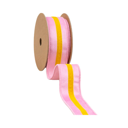 1 1/2" Wired Velvet Ribbon featuring a soft pink base and sunny yellow trim, great for hair accessories.