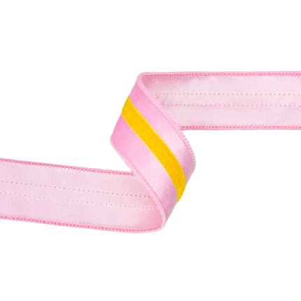 Pink with yellow trim 1 1/2" wired velvet ribbon, suitable for spring party styling 