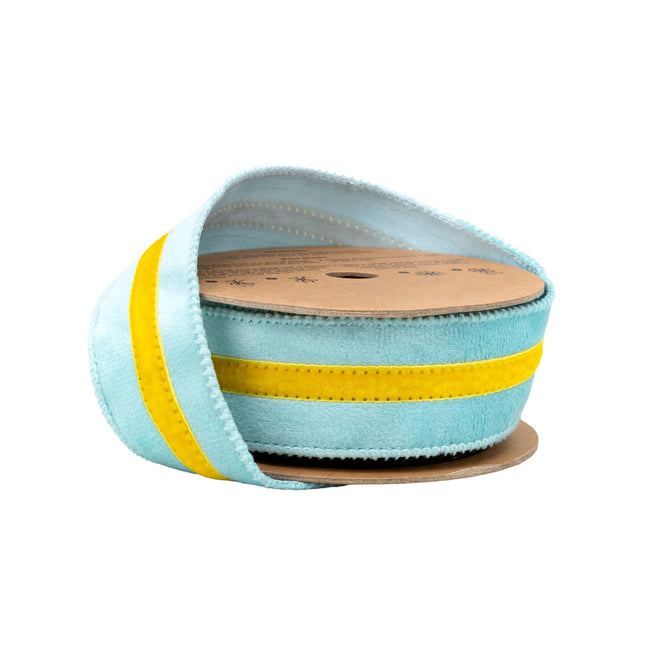 1 1/2" Wired Velvet Ribbon w/ Trim | Blue w/ Yelllow Trim | 10 Yard Roll LaRibbons and Crafts
